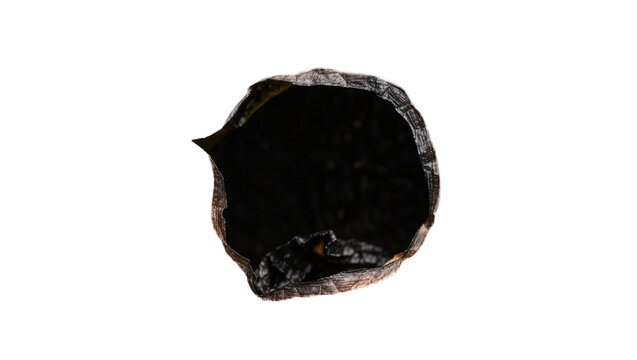 Cracked dark brown textured hole with black interior, isolated on transparent background