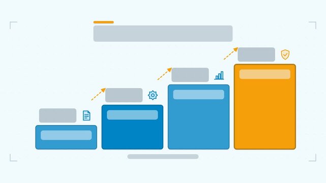 Seamless 4K looping animation of a step chart infographic template with steps cascading. Flat vector shapes, icons and grey text placeholders animate on a clean light background in blue and azure tone