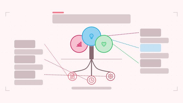 Seamless 4K looping animation of a tree with roots infographic template with growing. Flat vector shapes, icons and grey text placeholders animate on a clean light background in warm red and coral ton
