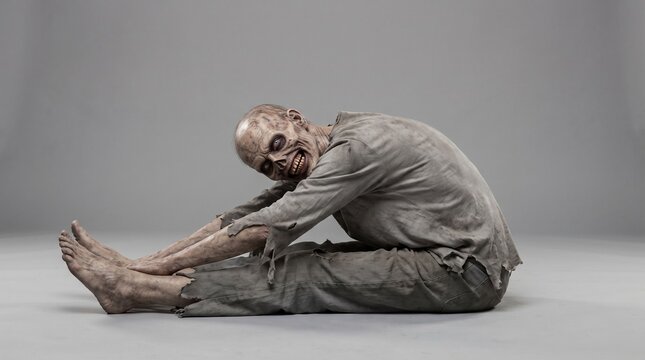 Bald zombie with decayed skin sitting on the floor in a seated forward bend yoga stretch, grinning with torn gray clothes, funny Halloween horror concept on a gray studio background