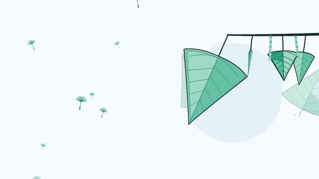 Seamless 4K looping animation of poplar leaf flipping onto edge, drawn as a minimal flat vector scene in fresh green tones on a soft light background. Calm, gentle motion with plenty of empty space fo