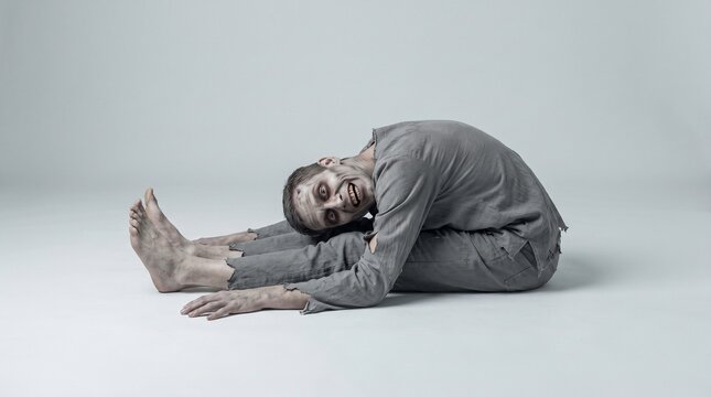 Smiling zombie with short hair and pale decayed skin sitting barefoot on the floor in a seated forward bend yoga stretch, funny Halloween horror concept on a white studio background