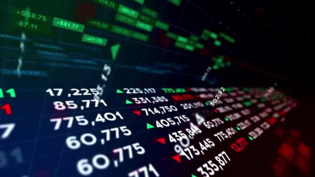 Stock market data display with fluctuating numbers, digital trading board showing economic trends, corporate finance background for business news