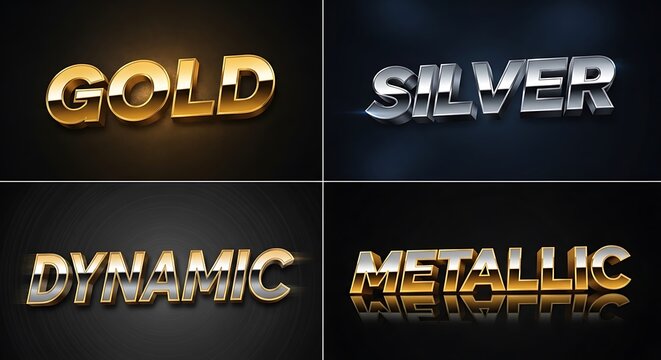 Collection of metallic 3D text effects with gold and silver on dark backgrounds