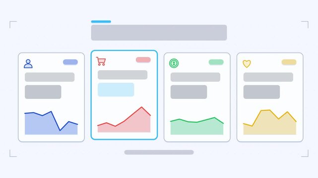 Seamless 4K looping animation of a sparkline row infographic template with cards sliding. Flat vector shapes, icons and grey text placeholders animate on a clean light background in blue and azure ton
