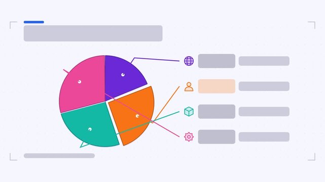 Animated pie chart infographic in a modern flat vector style, sectors sweeping in a smooth 4K loop. Blank text placeholders and teal and turquoise accents sit on a bright light background so headings 