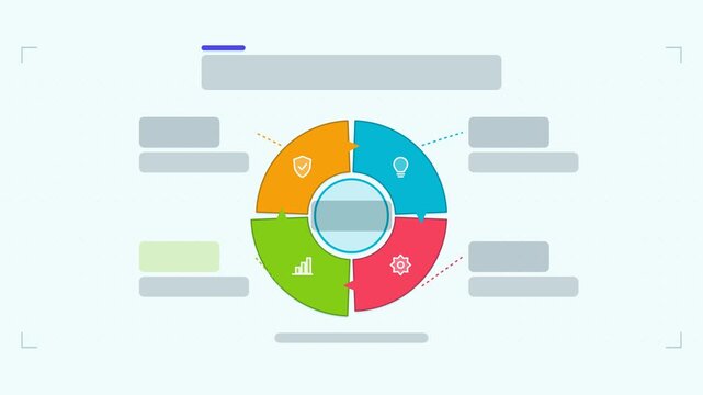 Animated pdca cycle infographic in a modern flat vector style, arcs sweeping in a smooth 4K loop. Blank text placeholders and teal and turquoise accents sit on a bright light background so headings an