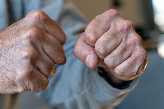 Close up of a person clenching fists tightly in anger or frustration wearing a gray top&nbsp; 