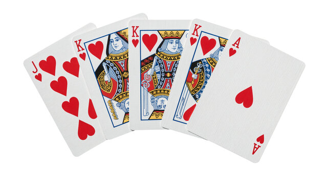 Five heart playing cards including Jack three Kings and Ace, isolated on transparent background