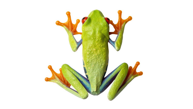 Vibrant green red-eyed tree frog with orange toes, isolated on transparent background