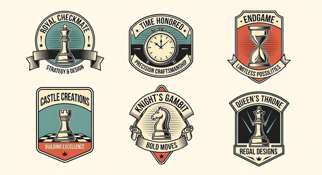 Collection of vintage chess and time-themed emblem logos on a light background.