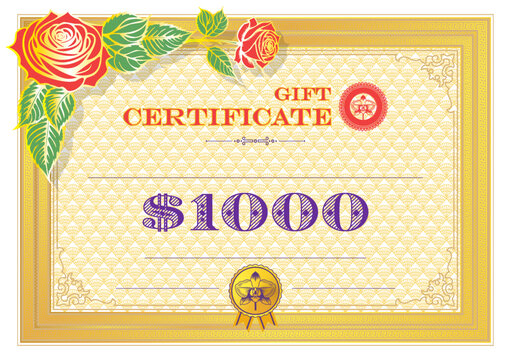 Premium vector template gift certificate design. Beauty salon. Gold and red rose with green foliage. Vintage golden frame. Violet face value, 1000 dollars. Seal featuring orchid flower. Floral sample