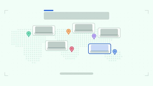 Seamless 4K looping animation of a office locations map infographic template with expanding. Flat vector shapes, icons and grey text placeholders animate on a clean light background in blue and azure 