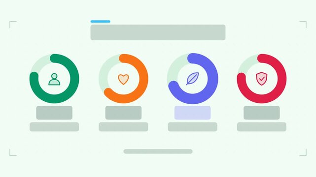 Animated percentage circles row infographic in a modern flat vector style, rings filling in a smooth 4K loop. Blank text placeholders and blue and azure accents sit on a bright light background so hea