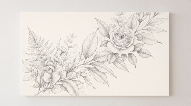 Minimalist botanical wall design with large layered leaves extending across the composition and one beautiful flower as the focal point, refined pencil textures, spacious cream background, premium con