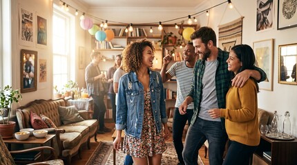 Obraz premium Group of cheerful young adult friends dancing and laughing together at cozy home indoor party symbolizing youth friendship and social celebration