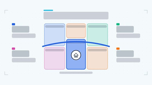 Animated city districts infographic in a modern flat vector style, districts highlighting in a smooth 4K loop. Blank text placeholders and blue and azure accents sit on a bright light background so he