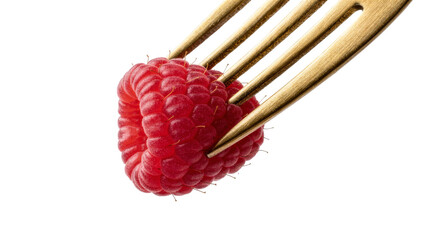Golden fork piercing a ripe red raspberry, isolated on transparent background © Hans