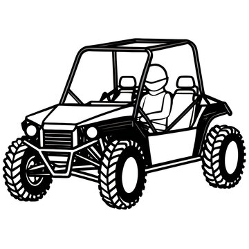 Line art illustration of an off-road buggy vehicle or utility task vehicle (UTV) with a driver wearing a helmet, minimal black and white vector sketch.