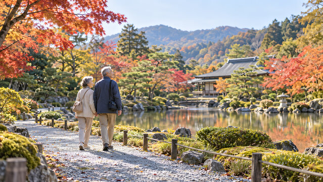 紅葉した庭園の池のそばを手をつないで歩く年配の二人