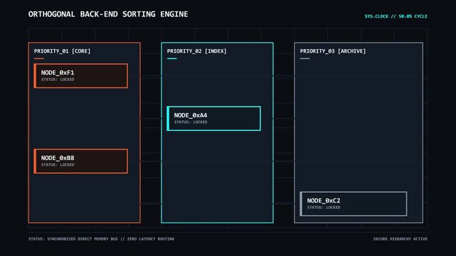 Digital back end sorting engine interface animation showing data nodes