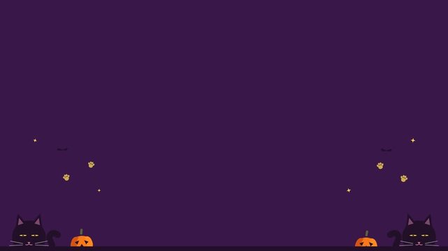 Halloween Black Cats Peeking from Bottom Corners with Glowing Eyes Pumpkins Paw Prints and Bats on Purple Background, Seamless 4K Motion Graphic with Large Copy Space