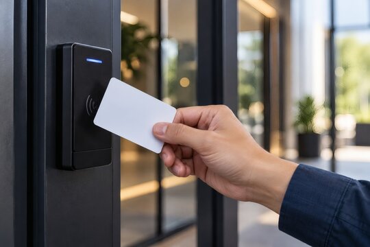 Hand holding access card to RFID reader for building entry