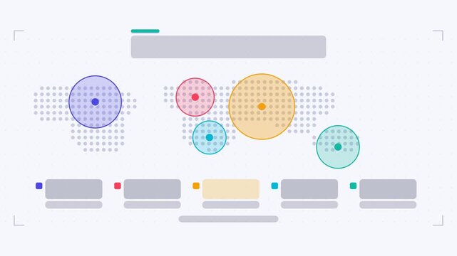 Seamless 4K looping animation of a store coverage infographic template with circles expanding. Flat vector shapes, icons and grey text placeholders animate on a clean light background in teal and turq