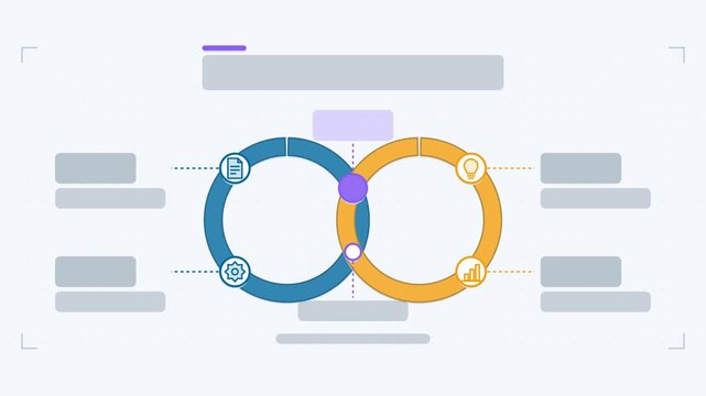 Seamless 4K looping animation of a double cycle infographic template with rings expanding. Flat vector shapes, icons and grey text placeholders animate on a clean light background in blue and azure to