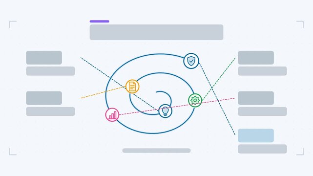 Seamless 4K looping animation of a spiral path infographic template with path drawing outward. Flat vector shapes, icons and grey text placeholders animate on a clean light background in blue and azur