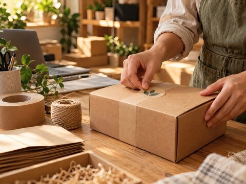 Small business owner applying sticker to handmade product packaging