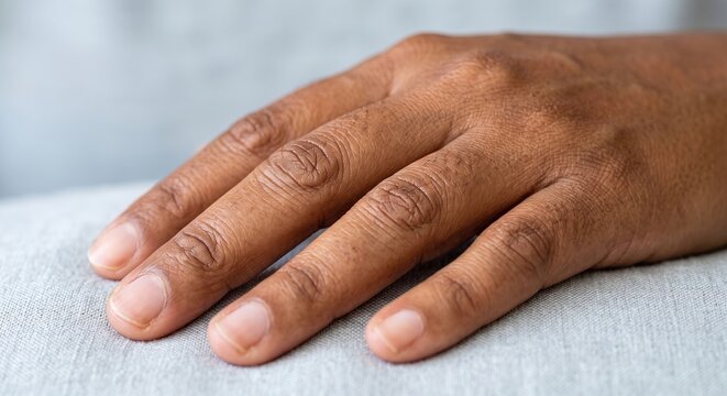 Close-up of a dark-skinned hand resting on light textured fabric showing skin details and fingernails