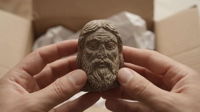 Hands holding ancient stone head artifact over shipping box