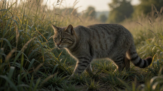 Eine Europ&auml;ische Wildkatze bewegt sich durch hohes Gras am Rand einer europ&auml;ischen Landschaft.