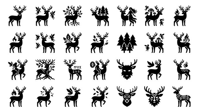 Magical forest deer silhouette icons featuring mystic elements like trees fairies fire mushrooms runes and majestic antlers rendered in bold black vector style for fantasy and nature graphic design pr