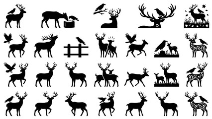 Fototapeta premium Black deer and raven silhouettes set featuring various majestic animals standing walking grazing and interacting with birds in minimalist graphic vector style illustrations for creative design project