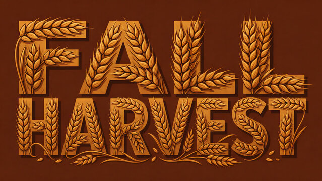 Fall harvest text made of golden wheat stalks, seasonal autumn typography, textured brown background, agricultural harvest festival