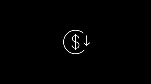 Dollar currency price drop concept. circle with down arrow moving animation on a black background.