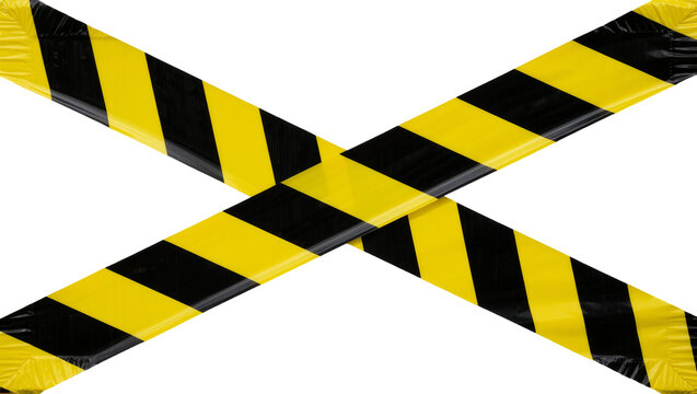 Yellow and black striped caution tape crossing, isolated on transparent background