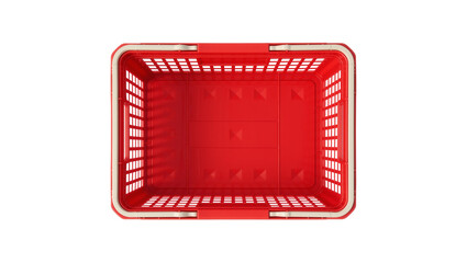 Empty red plastic shopping basket with beige handles, isolated on transparent background © Petra