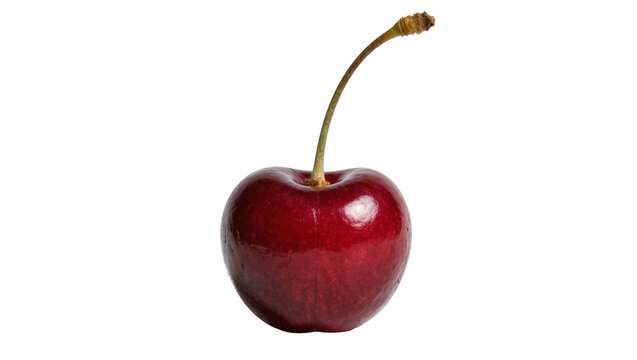 Single ripe dark red cherry with stem, isolated on transparent background