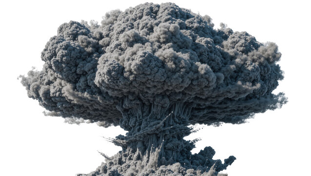 Massive grey mushroom cloud explosion, isolated on transparent background
