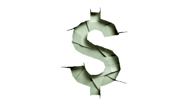 Cracked dollar sign symbol made of folded paper, isolated on transparent background