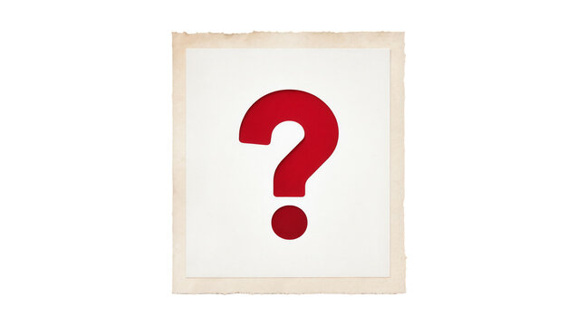 Red question mark cutout on textured paper, isolated on transparent background