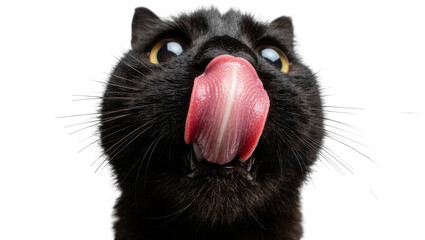 Black cat with wide eyes and pink tongue licking its nose, isolated on transparent background © Petra