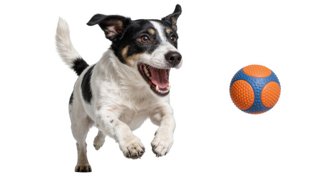 Energetic black and white dog jumping towards an orange and blue textured ball, isolated on transparent background