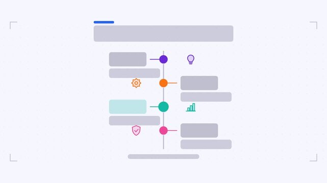 Seamless 4K looping animation of a vertical timeline infographic template with milestones drawing. Flat vector shapes, icons and grey text placeholders animate on a clean light background in blue and 