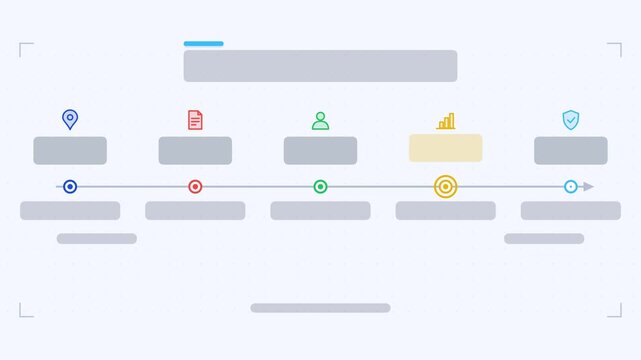 Seamless 4K looping animation of a timeline horizontal axis infographic template with horizontal axis drawing. Flat vector shapes, icons and grey text placeholders animate on a clean light background 