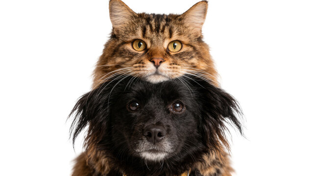 Tabby cat head resting on black dog head, isolated on transparent background