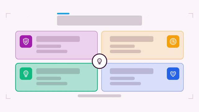 Animated swot analysis infographic in a modern flat vector style, quadrants assembling in a smooth 4K loop. Blank text placeholders and blue and azure accents sit on a bright light background so headi